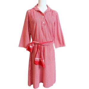 Vintage Lanvin Paris New York Shirt Dress Sz 6 Red White Geometric Print Belted